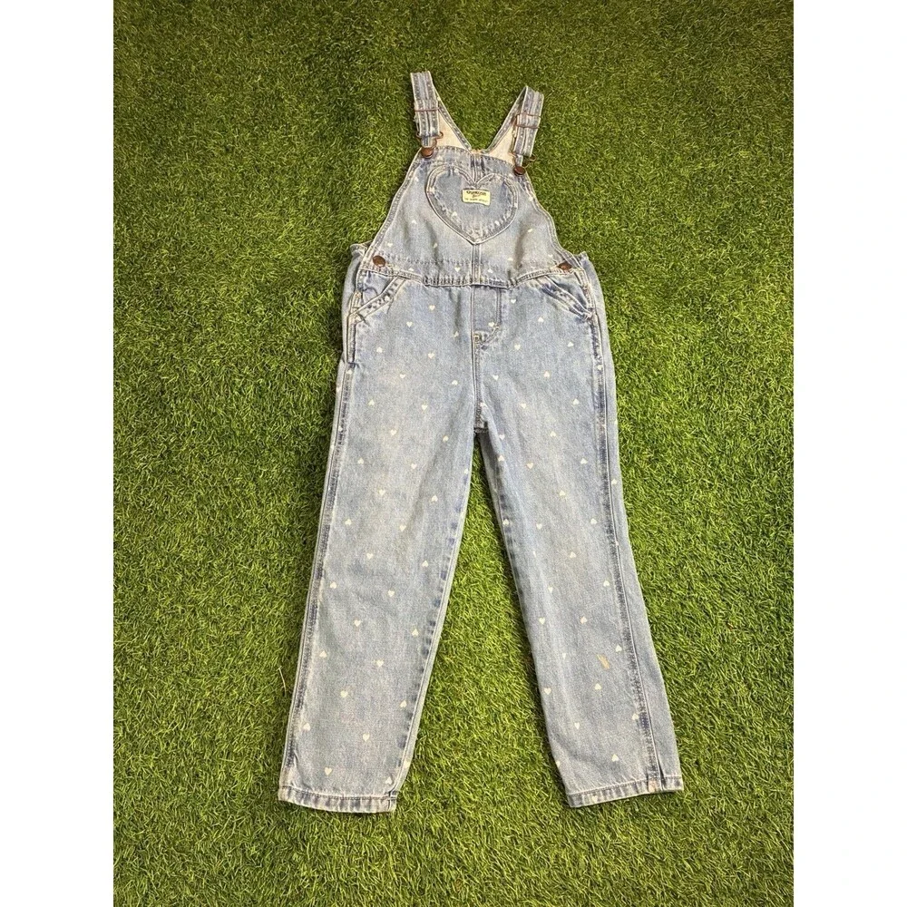 Vintage OshKosh B’gosh Heart Print Denim Overalls 5T Girls USA Style